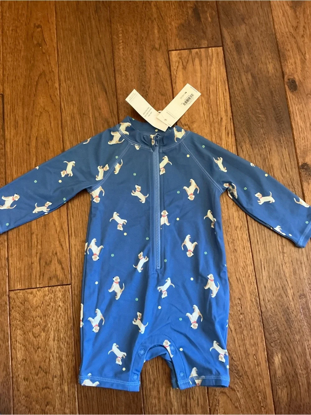 NWT Janie And Jack Blue Swim Rash Guard, Dogs and Tennis Ball, 6-12 month